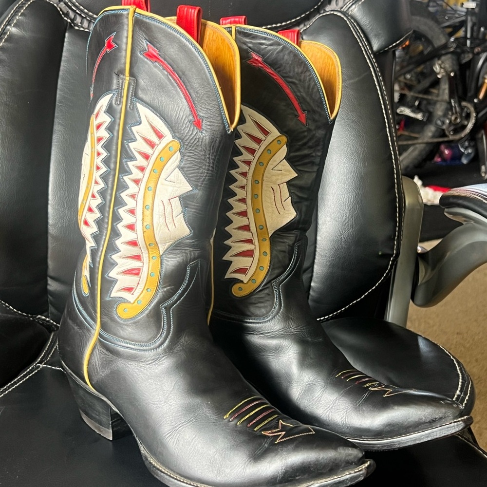 Rocketbuster Black Leather Cowboy Boots with Native American Indian Design